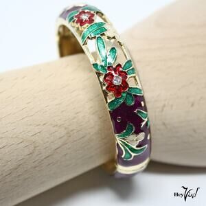 Vintage Hinged Bangle Bracelet w Jewel Tone Enamel Floral w Cutouts - Hey Viv